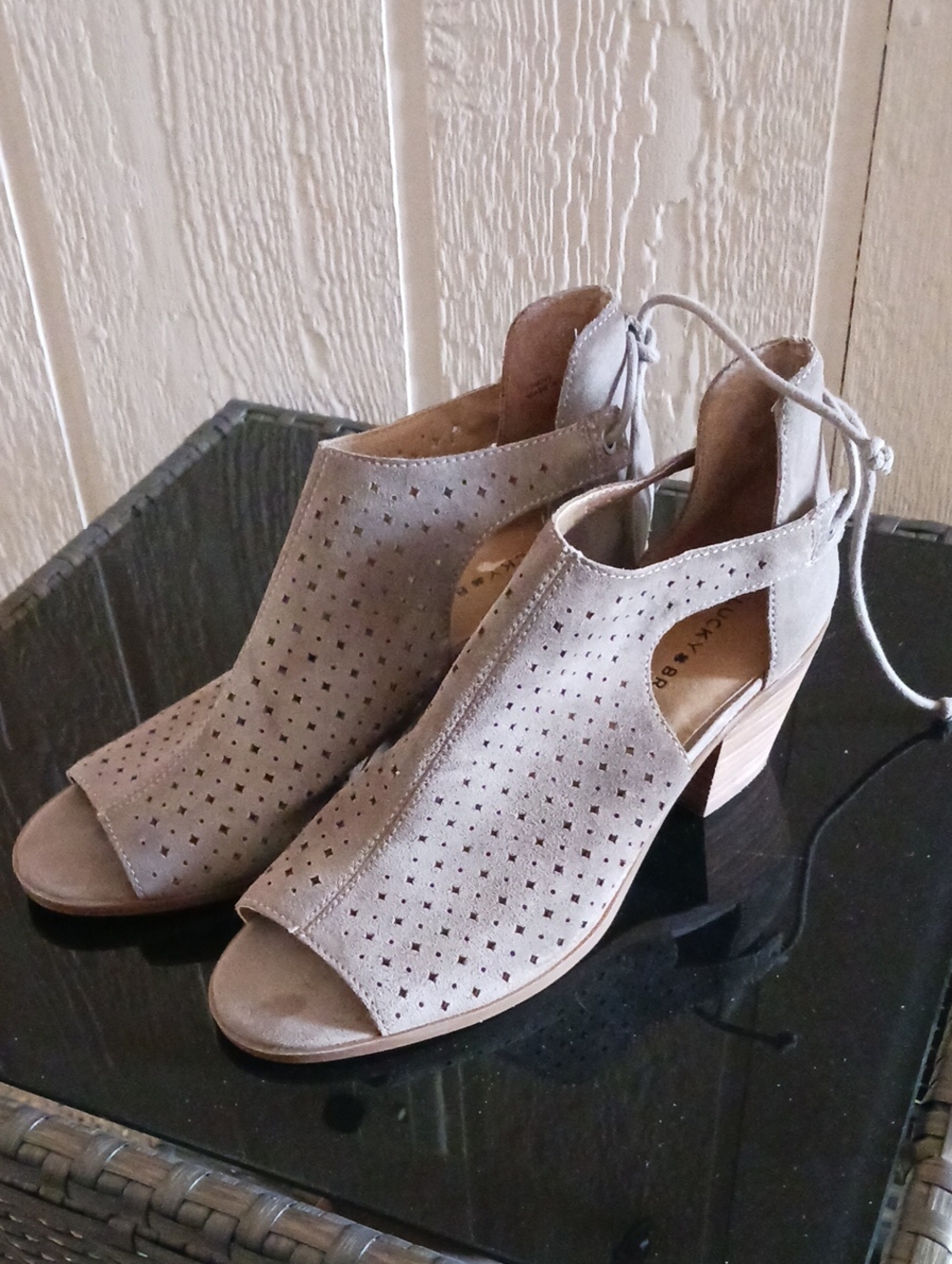 Lucky Brand Taupe Perforated Lace-Up Block Heel Sandals